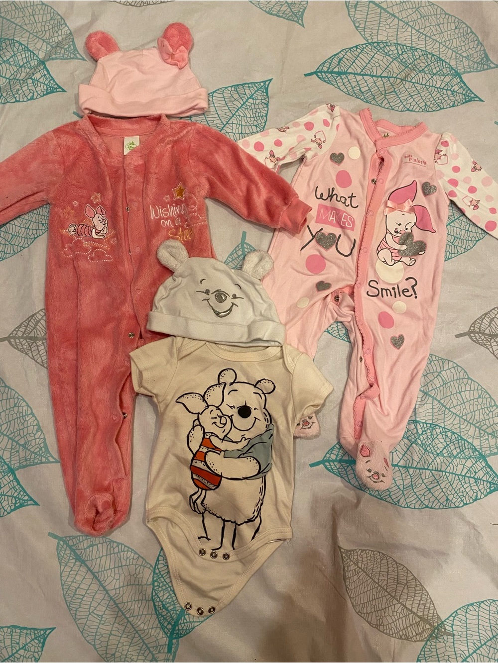 5pc Winnie the Pooh Pink & Cream Baby One-Piece Set with Hats Piglet